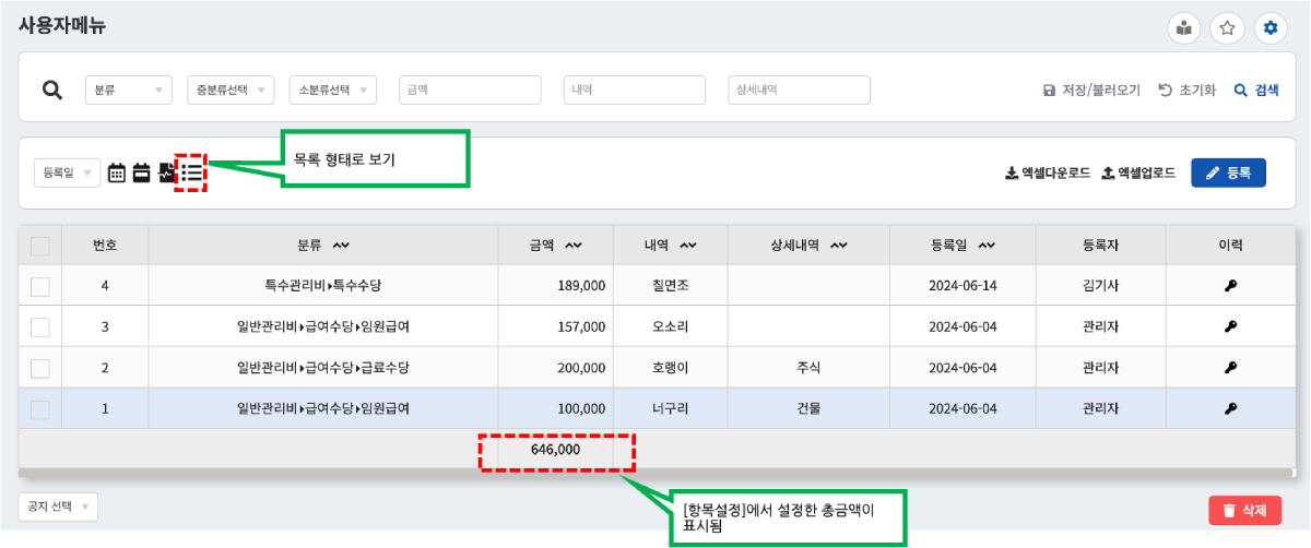 일반관리비 예산표 목록 기본형태